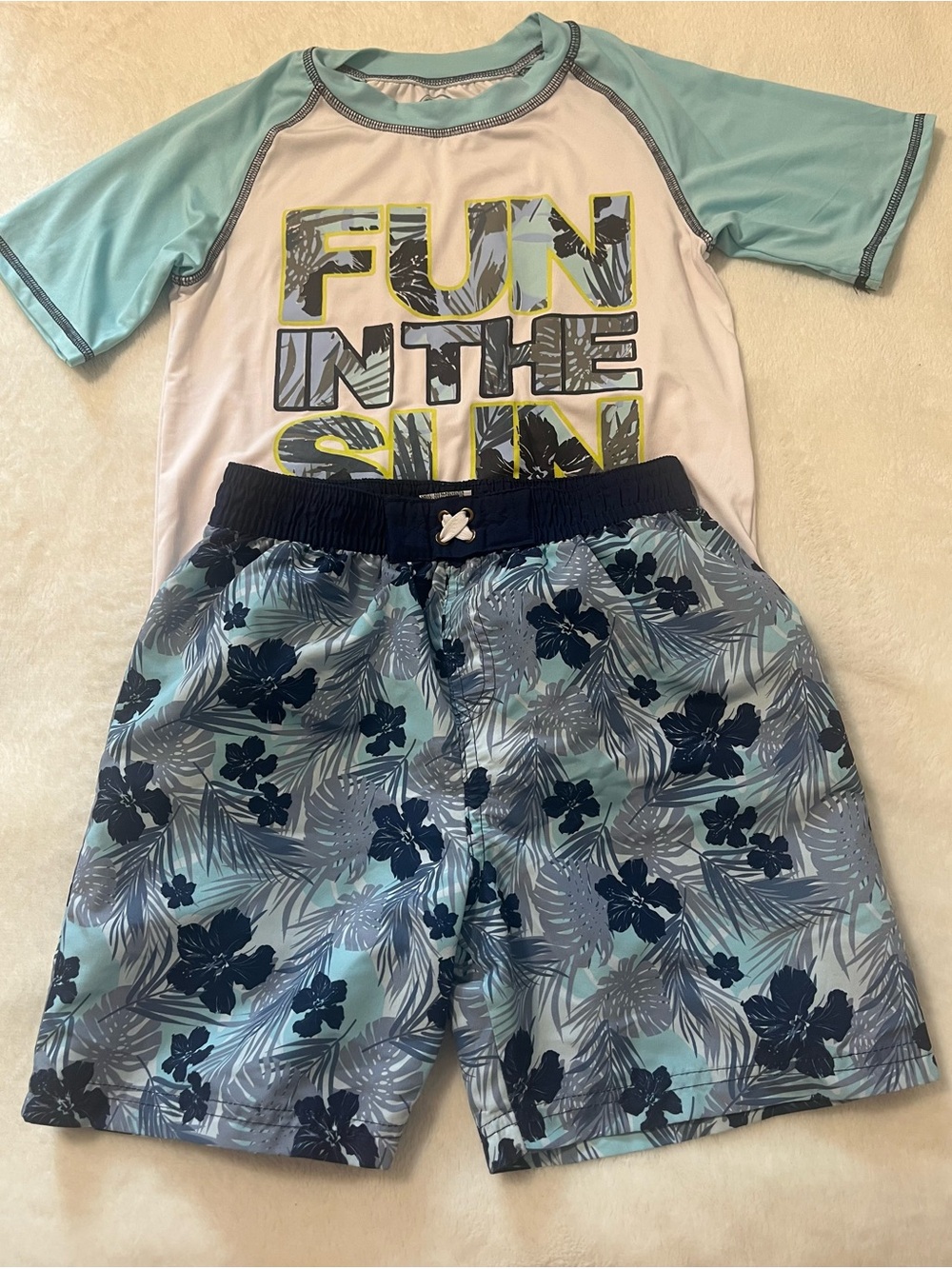 Boy’s Swim Set - Light Blue Rash Guard & Floral Swim Trunks